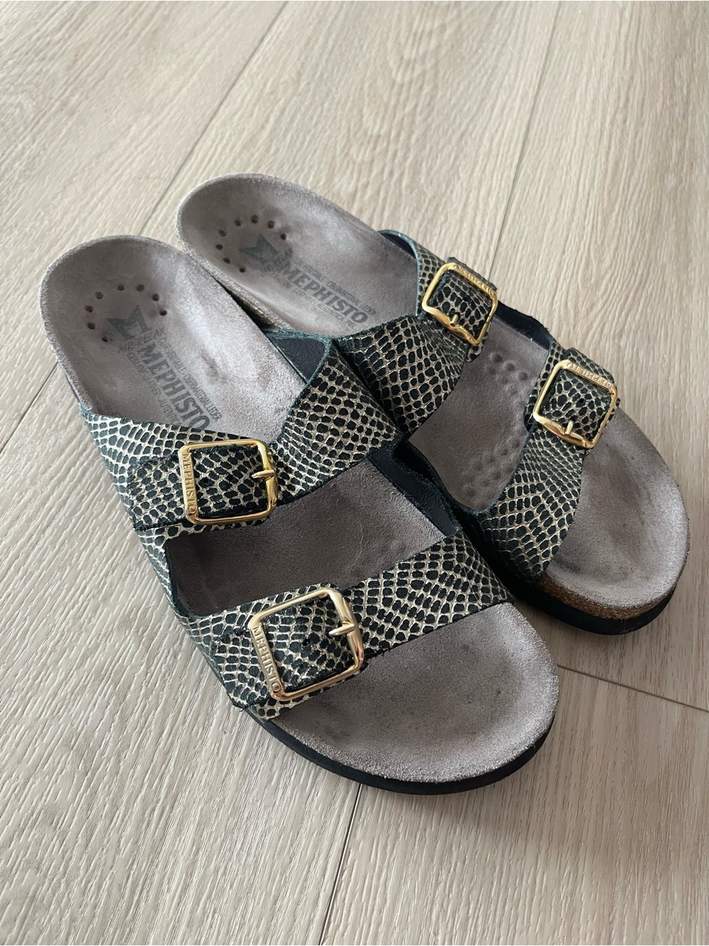 Mephisto harmony Snake Print Double Buckle Sandals in Black/gold